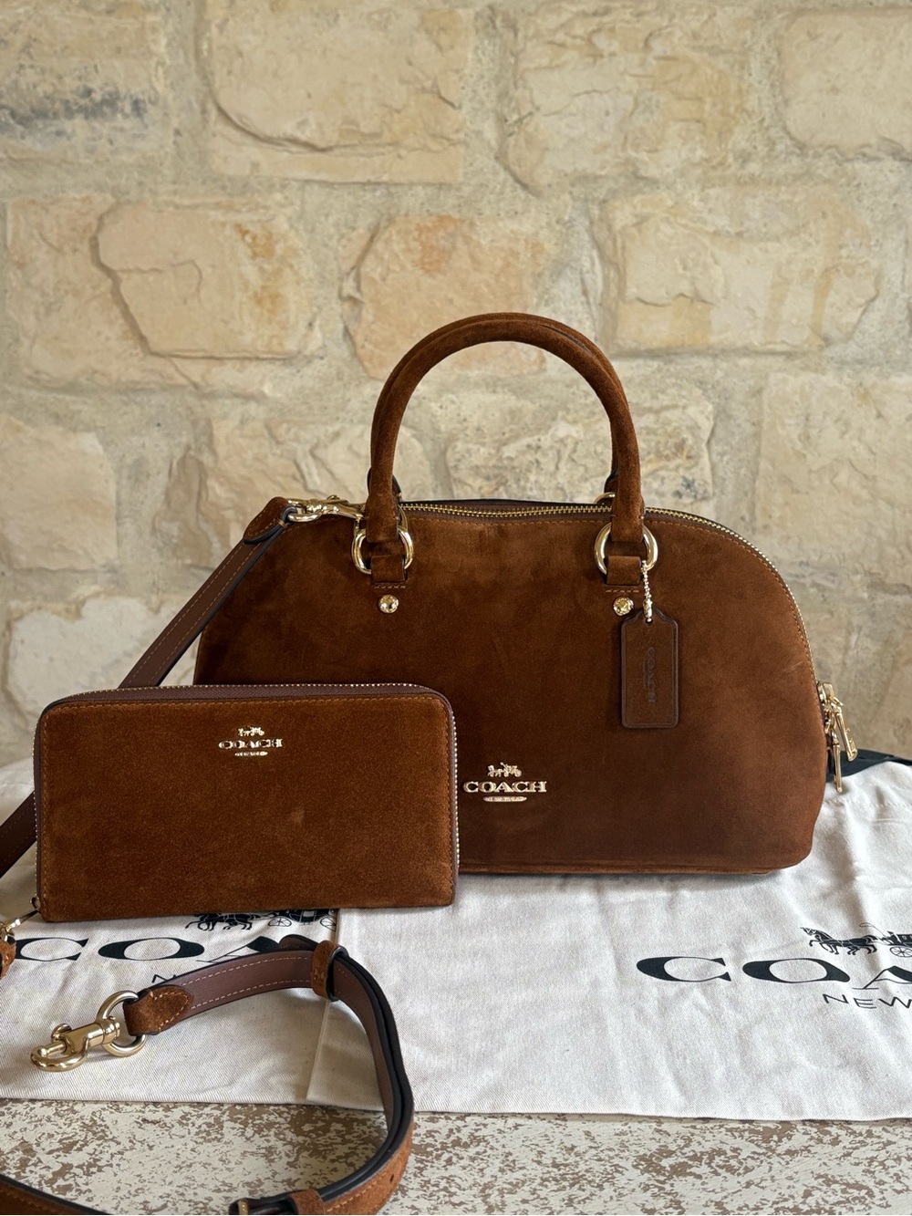 Coach Chestnut Brown Suede Satchel with Matching Wallet